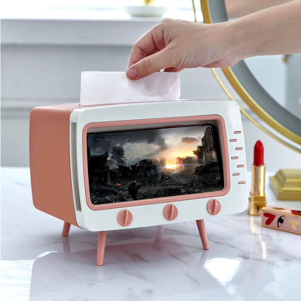 Creative Cartoon TV Shape Tissue Box Mobile Phone Holder Stand Home Living Room Office Toilet Tissue Box Kawaii Desktop Decor