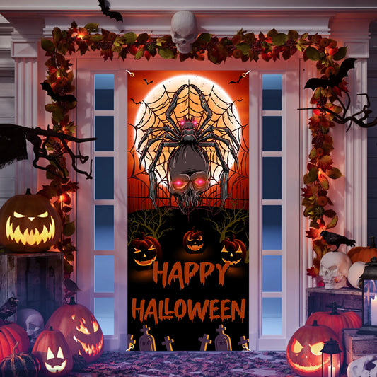 Halloween Spider Door Banner, Scary Giant Spider Halloween Door Cover Door Decorations,For Front Door Porch Halloween Party