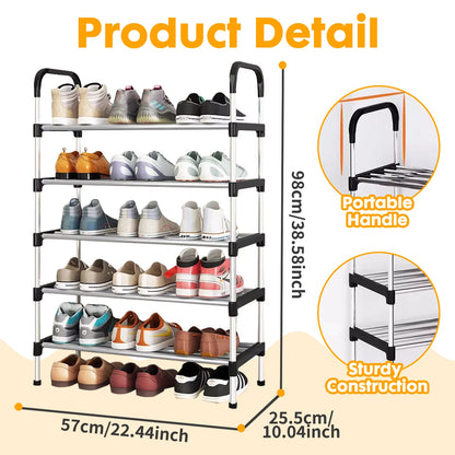 5 Tier Shoe Rack, Stackable Metal 15 Pairs Shoes Organizer Storage Shelf for Closet Door Entryway