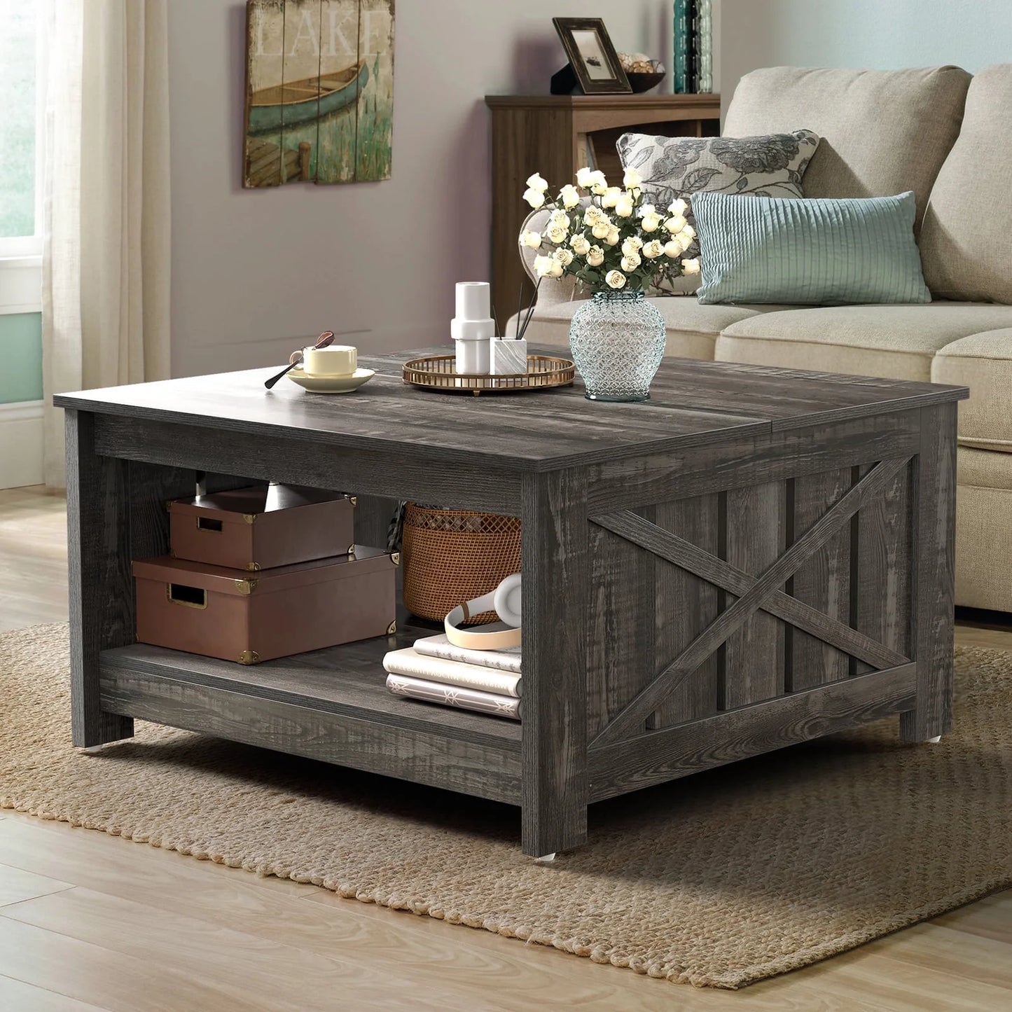 Dexturs Square Coffee Table, Farmhouse Coffee Table with Half Open Storage Compartment, Rustic Oak