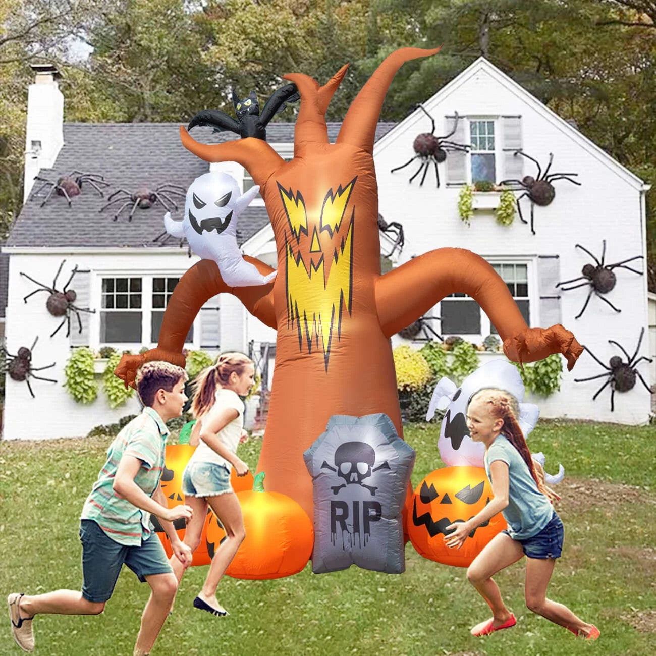 8Ft Halloween Inflatables Decorations Inflatable Dead Tree Outdoor Decorations with LED Lights Built-In Blow up Yard Decoration Pumpkin Ghost for Halloween Outdoor